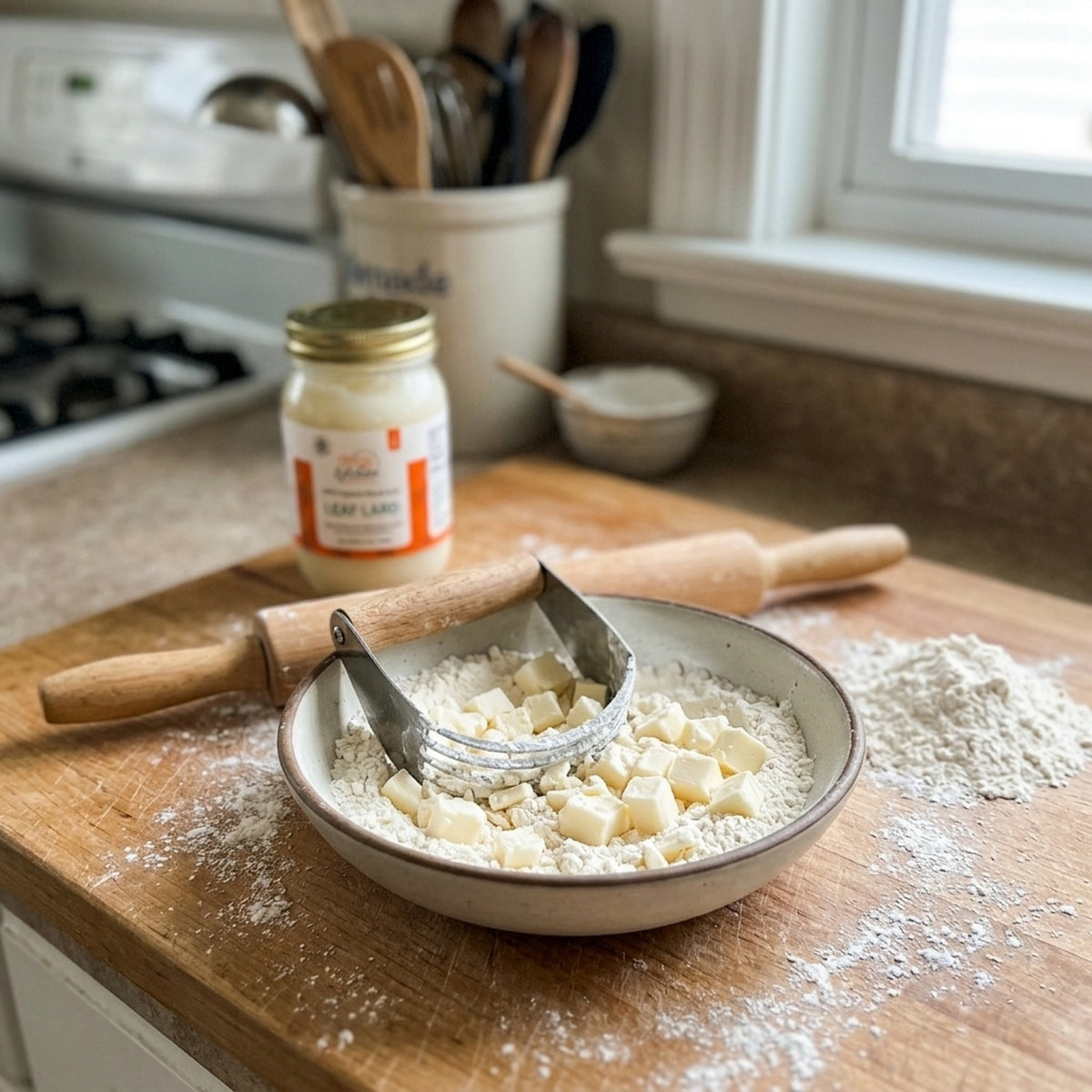 Cubes of leaf lard and butter cut into flour for pie dough, Offcuts Kitchen jar behind