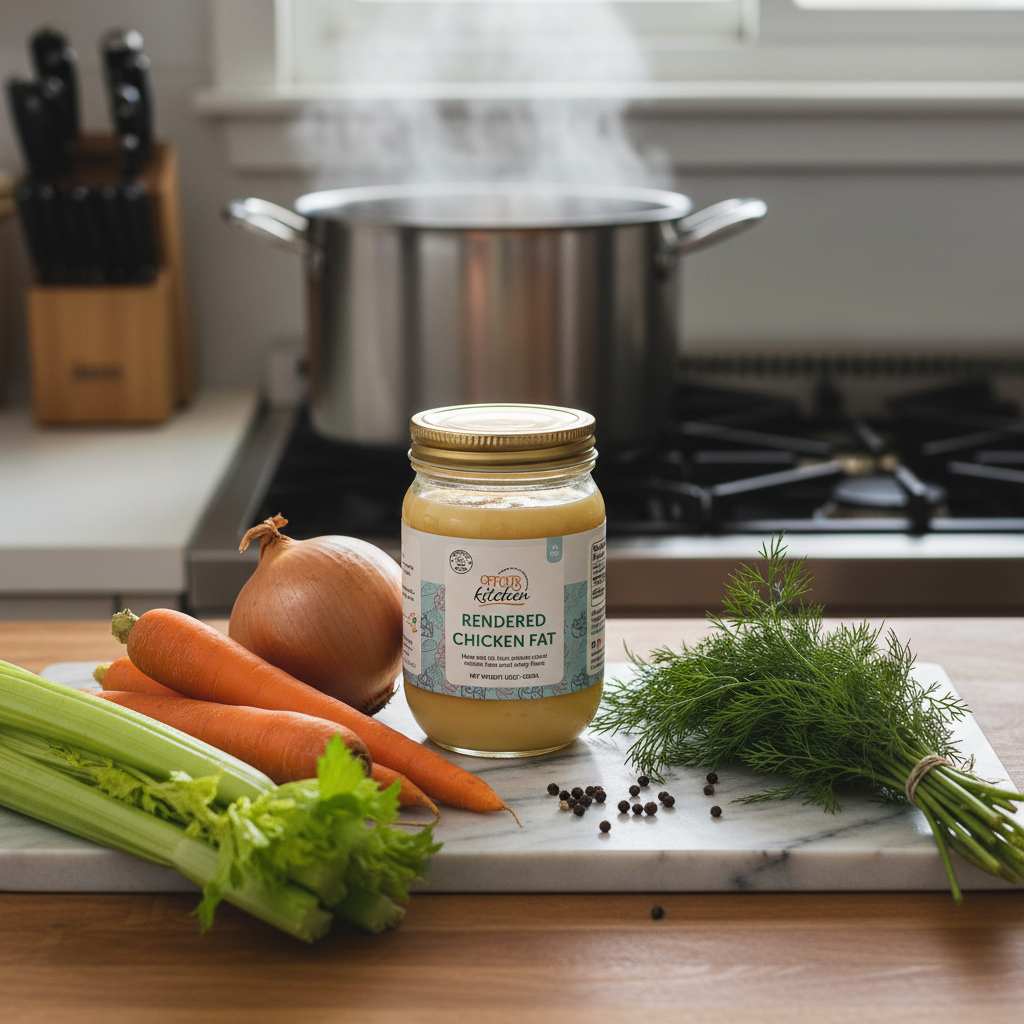Aromatics sauteed in chicken fat as a soup base
