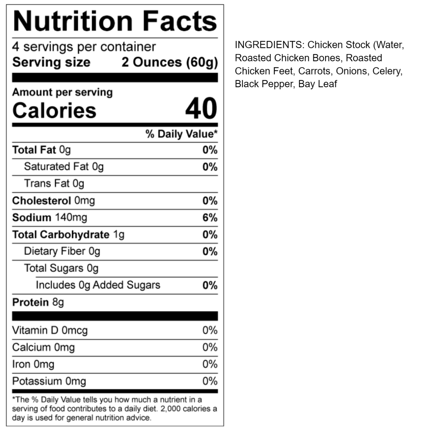 Nutrition facts label for a chicken demi-glace product with ingredients listed.
