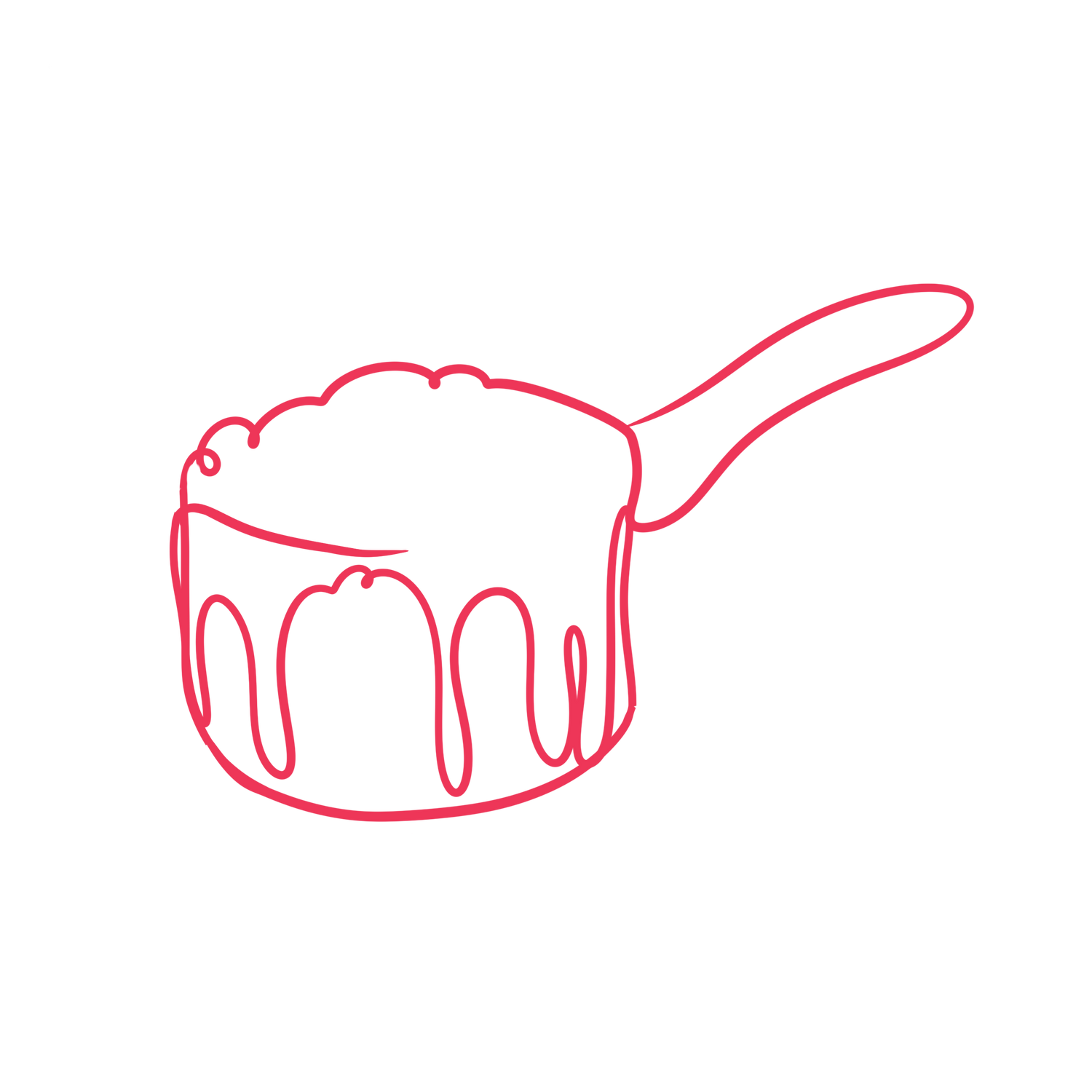Red outline of a frying pan with a handle on a white background