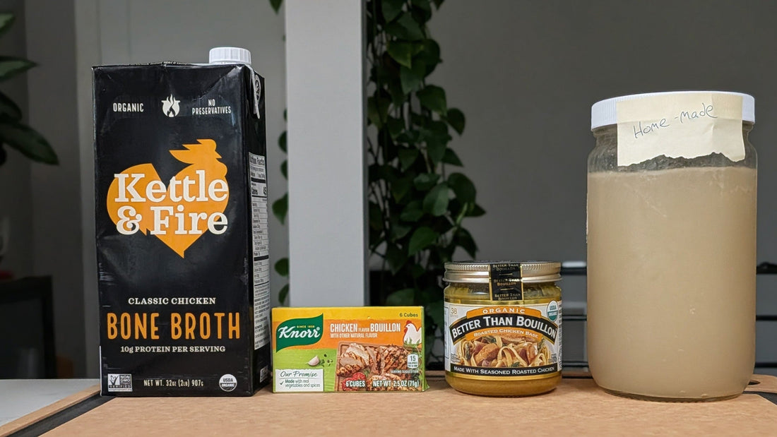 Packaging lineup: Kettle & Fire chicken bone broth, Knorr Chicken Flavor Bouillon, Better Than Bouillon Organic Roasted Chicken Base, homemade chicken feet broth card.