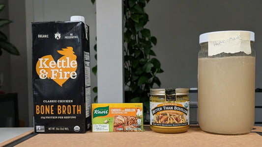 Packaging lineup: Kettle & Fire chicken bone broth, Knorr Chicken Flavor Bouillon, Better Than Bouillon Organic Roasted Chicken Base, homemade chicken feet broth card.