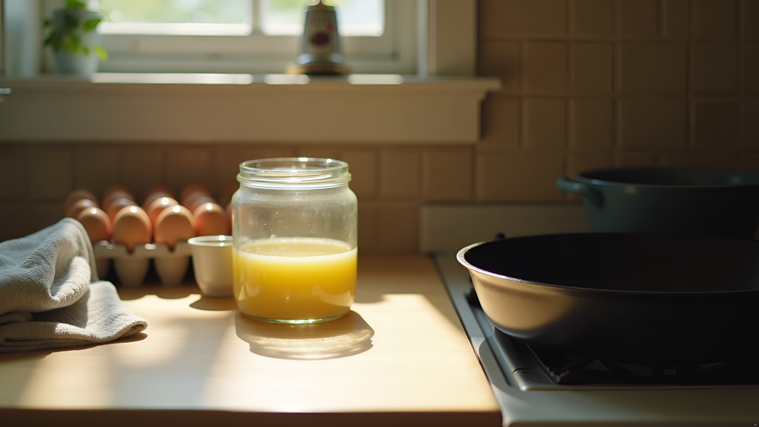 A jar of golden cooking fat on a kitchen counter next to eggs and a cast iron skillet