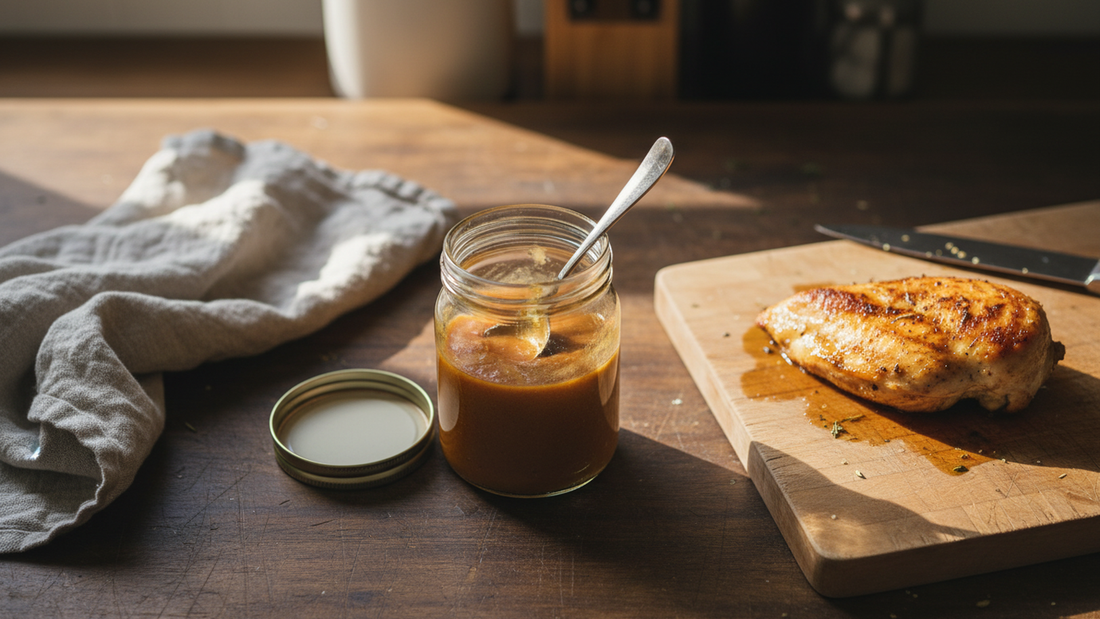 demi glace and chicken on a kitchen counter
