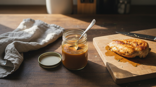 demi glace and chicken on a kitchen counter