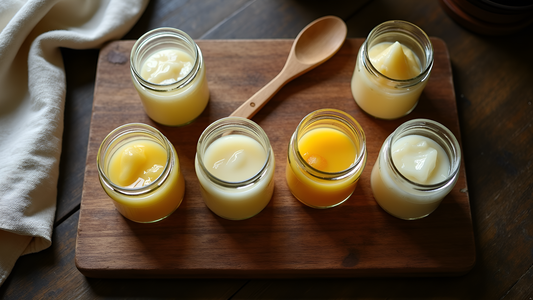 Overhead view of glass jars filled with different rendered animal fats arranged on a dark wooden cutting board