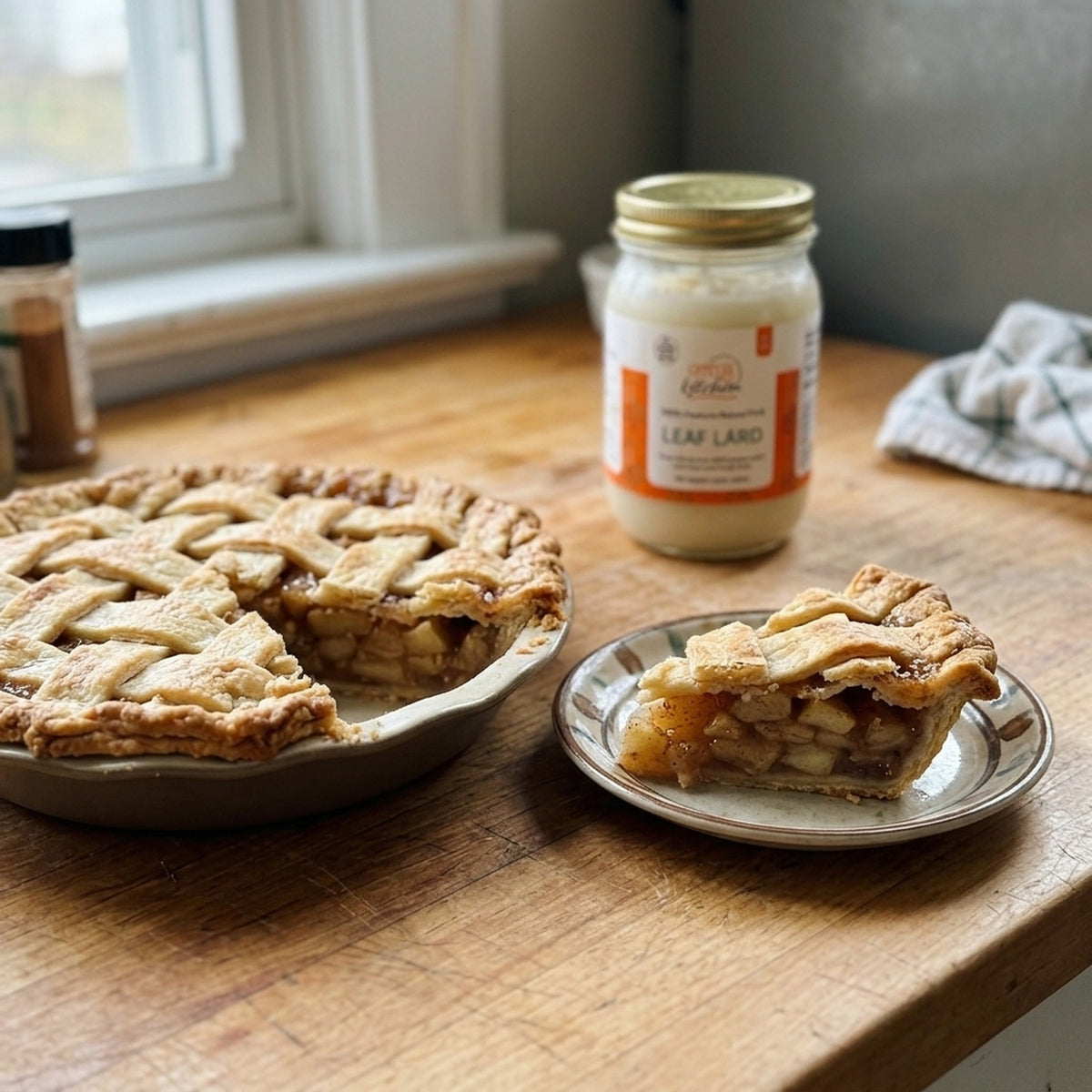 Offcuts Kitchen leaf lard jar behind a lattice apple pie with a slice cut to show the flaky layers