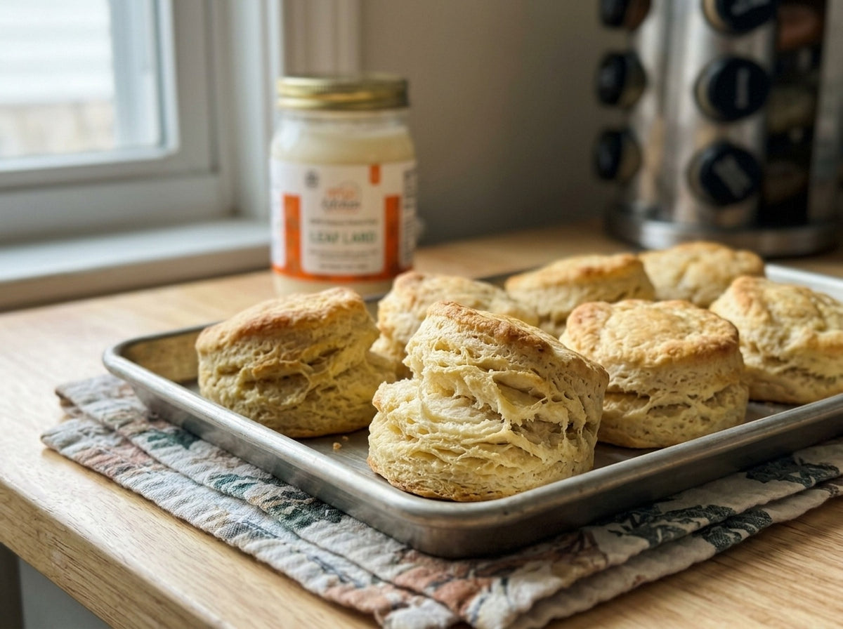 Buttermilk biscuits baked with Offcuts Kitchen leaf lard on a sheet pan