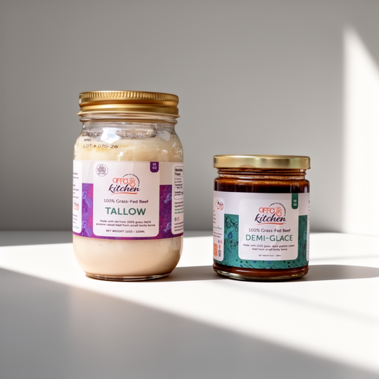 Two jars of food products from 'Offcuts Kitchen' on a light surface with a neutral background