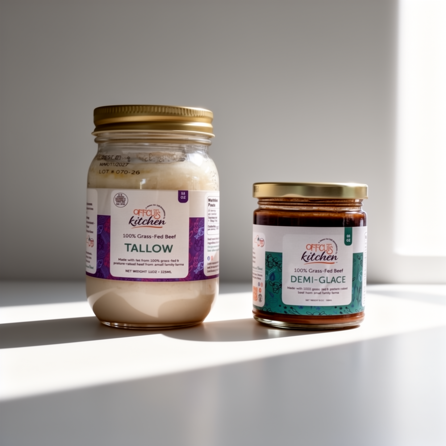 Two jars of food products from 'Offcuts Kitchen' on a white surface with a gray background