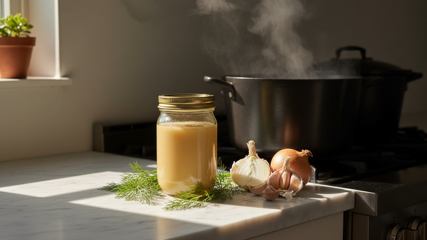Jar of pasture-raised chicken fat on marble with fresh dill
