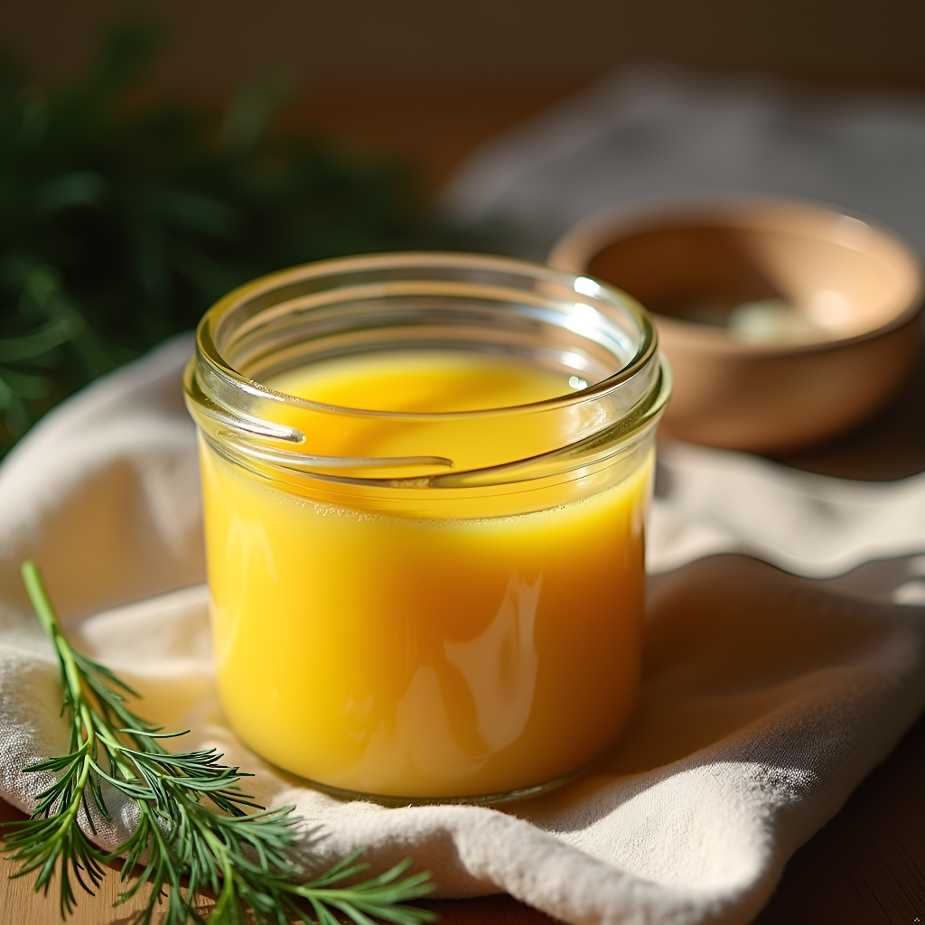 Open jar of rendered chicken fat showing pale golden color