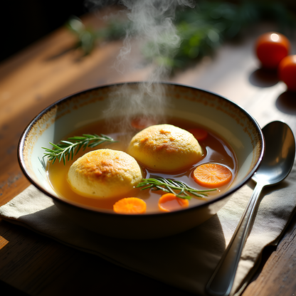 Golden chicken soup with matzo balls made with rendered chicken fat