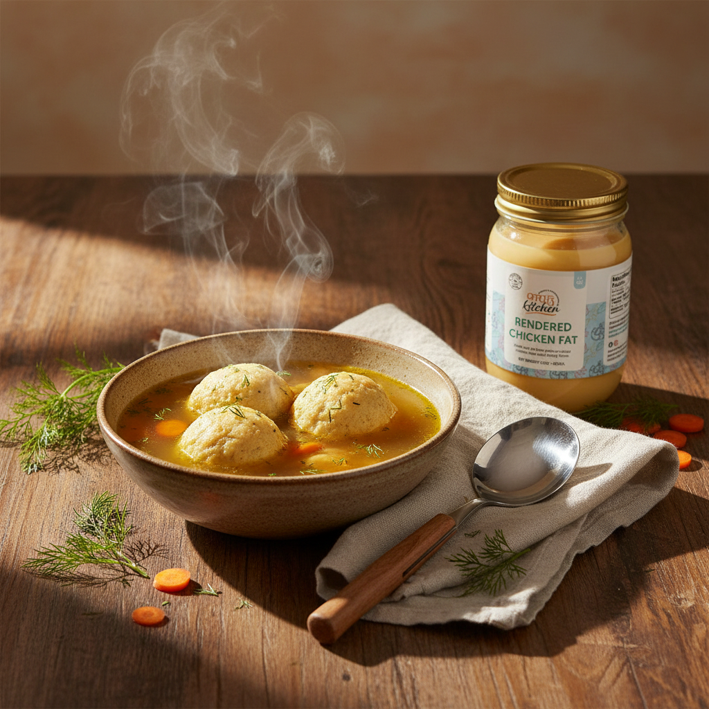 Bowl of chicken soup with a jar of rendered chicken fat nearby