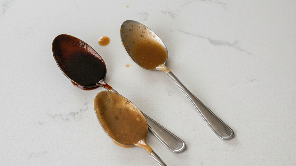 Three spoons with sauce on a marble surface