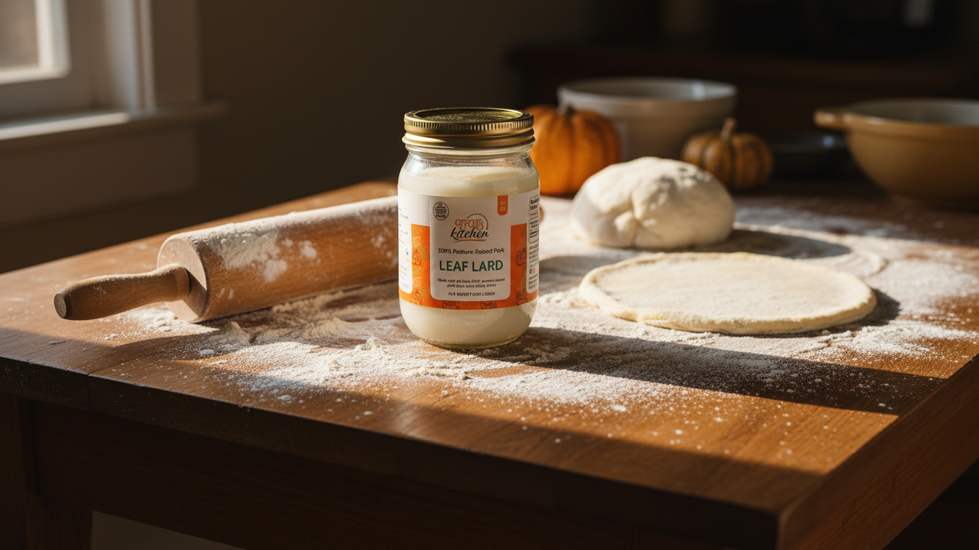 Jar of pasture-raised pork leaf lard with a rolling pin and flour