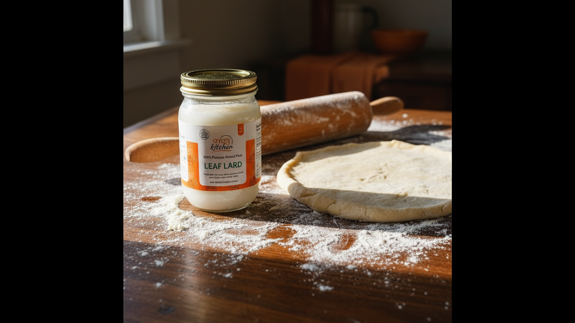 Jar of pasture-raised pork leaf lard with a rolling pin and flour