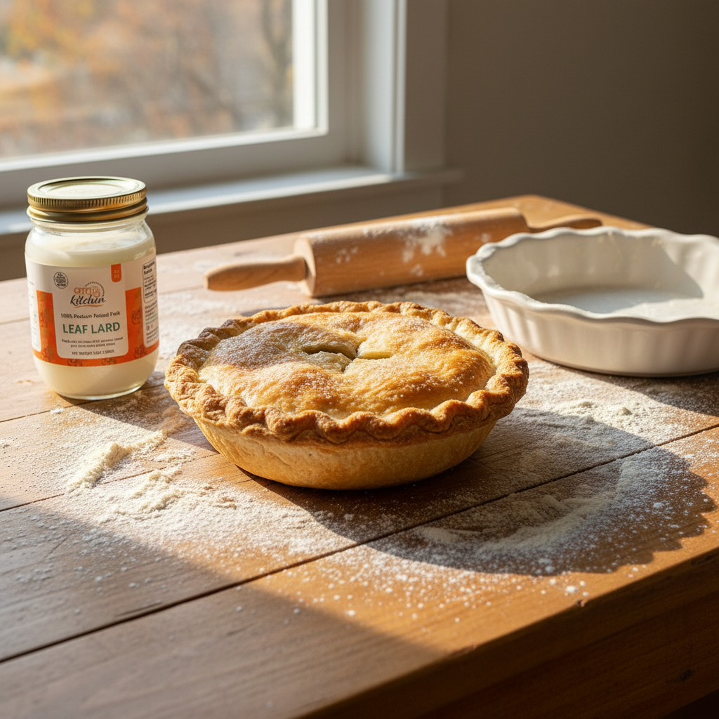 Golden baked pie with a jar of pasture-raised pork leaf lard