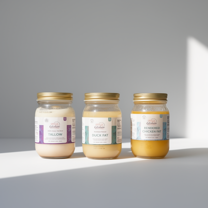 Three jars of different fats on a light surface with a gray background
