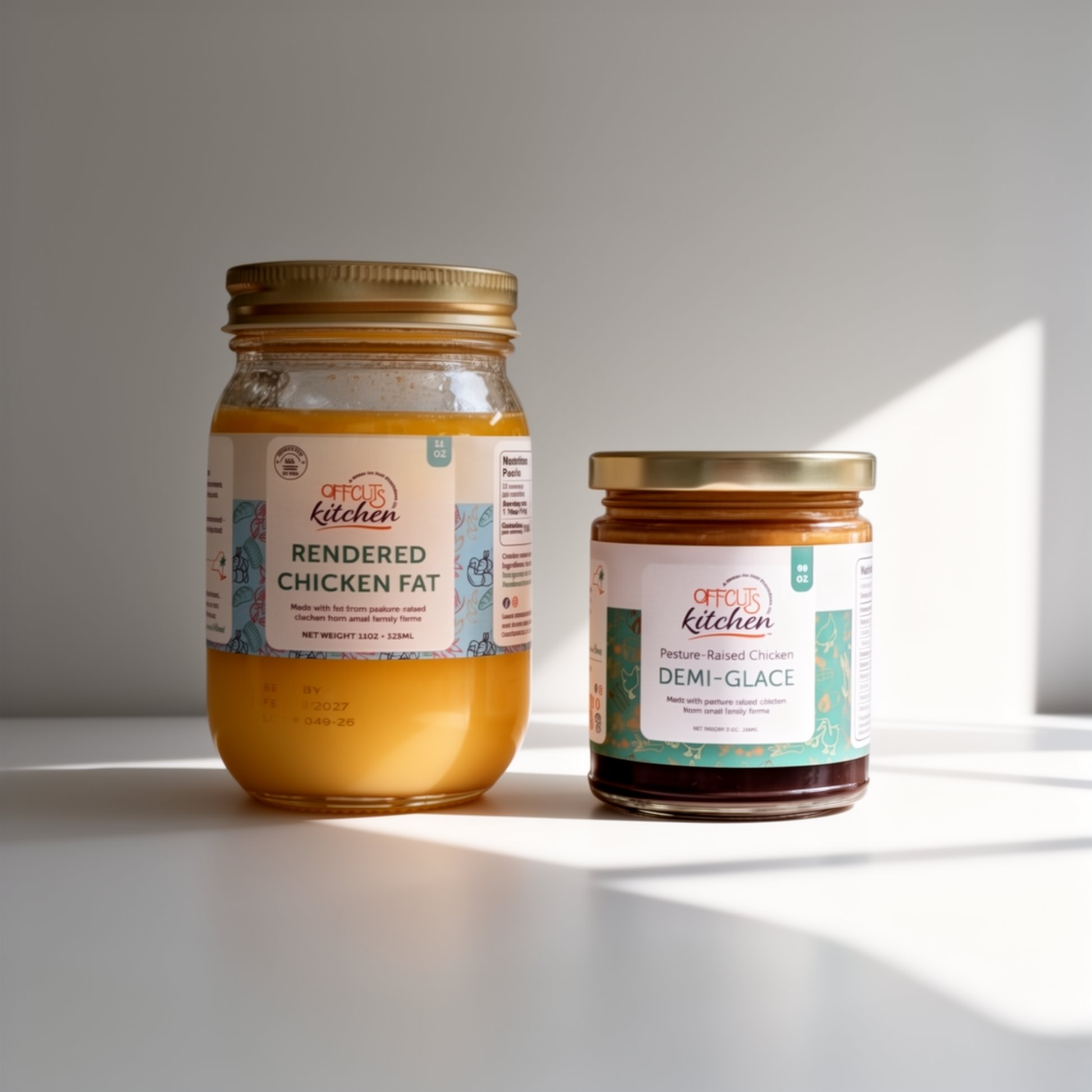 Two jars of offcuts Kitchen products on a white surface with a gray background
