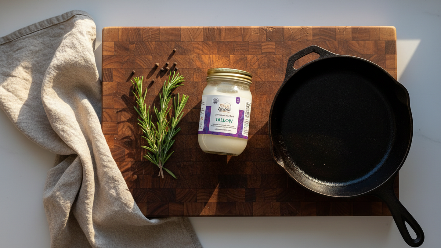 Pasture-raised beef tallow jar on a butcher block in a warm kitchen