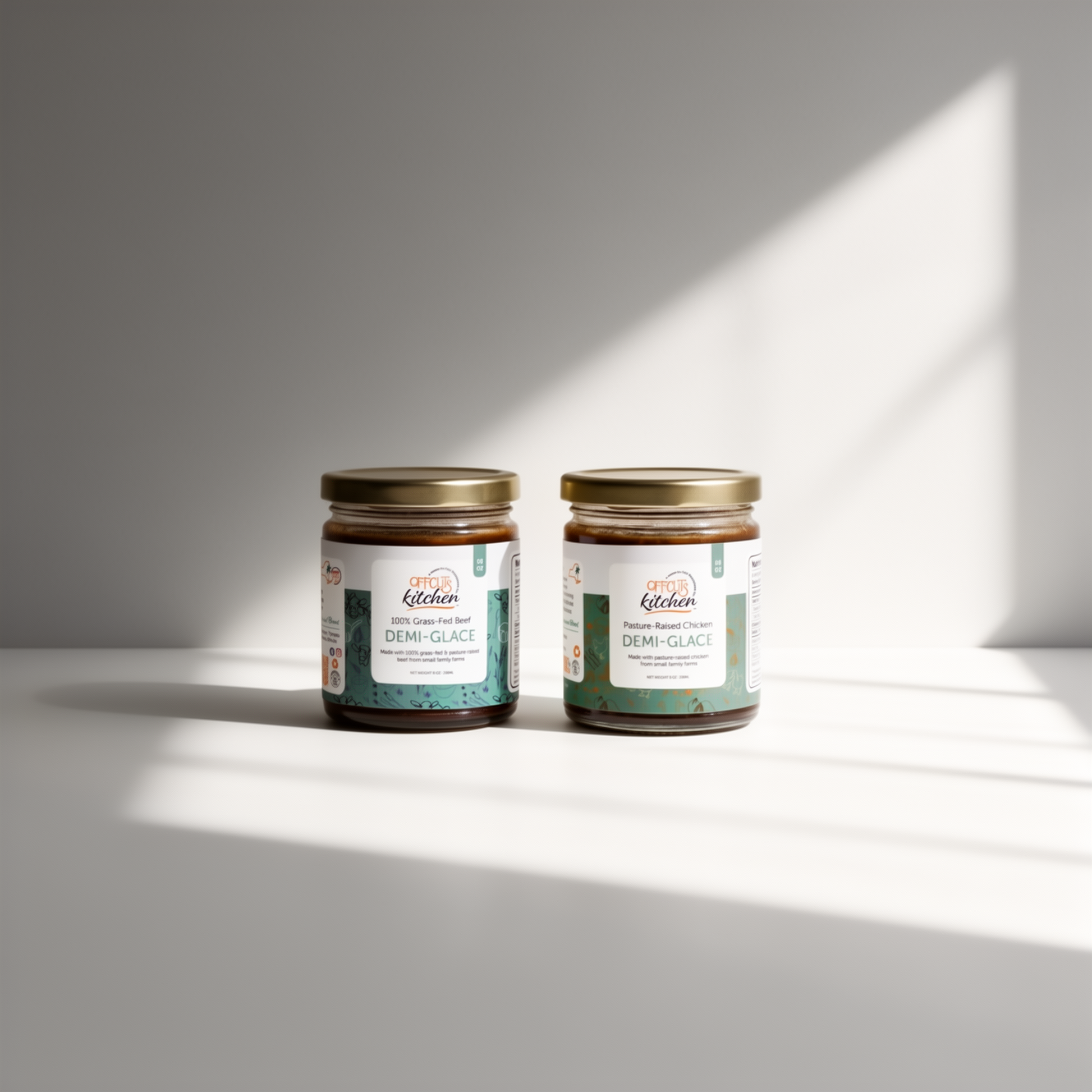 Two jars of demiglace sauce on a white surface with a gray background